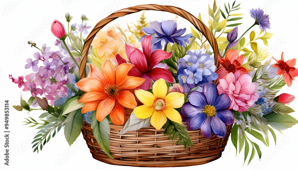 Obraz premium Colorful watercolor Realistic flower arrangement painting of a vibrant flower basket with green foliage transparent PNG background 