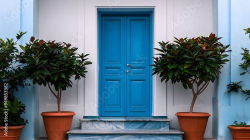 Fototapeta Naklejka Na Ścianę i Meble -  White House With Blue Door And Stairs