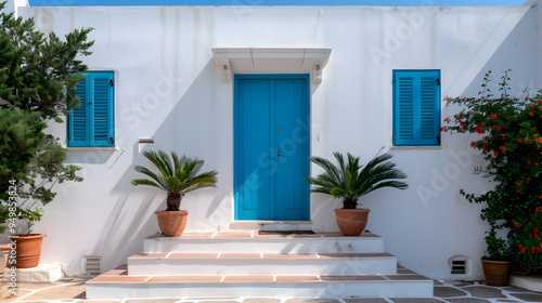 Fototapeta Naklejka Na Ścianę i Meble -  White House With Blue Door And Stairs