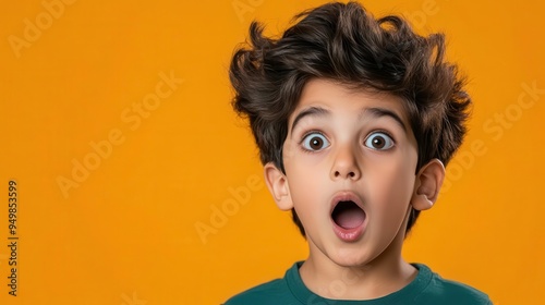 Surprised boy with open mouth against yellow background