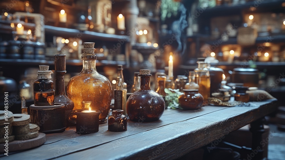 Halloween decoration, wooden desk with vials, flasks and bottles with potions, witch's secret room with magic artifacts and candles on the table, alchemist's workplace, AI generated image Halloween decoration, wooden desk with vials, flasks and bottles with potions, witch's secret room with magic artifacts and candles on the table, alchemist's workplace, AI generated image