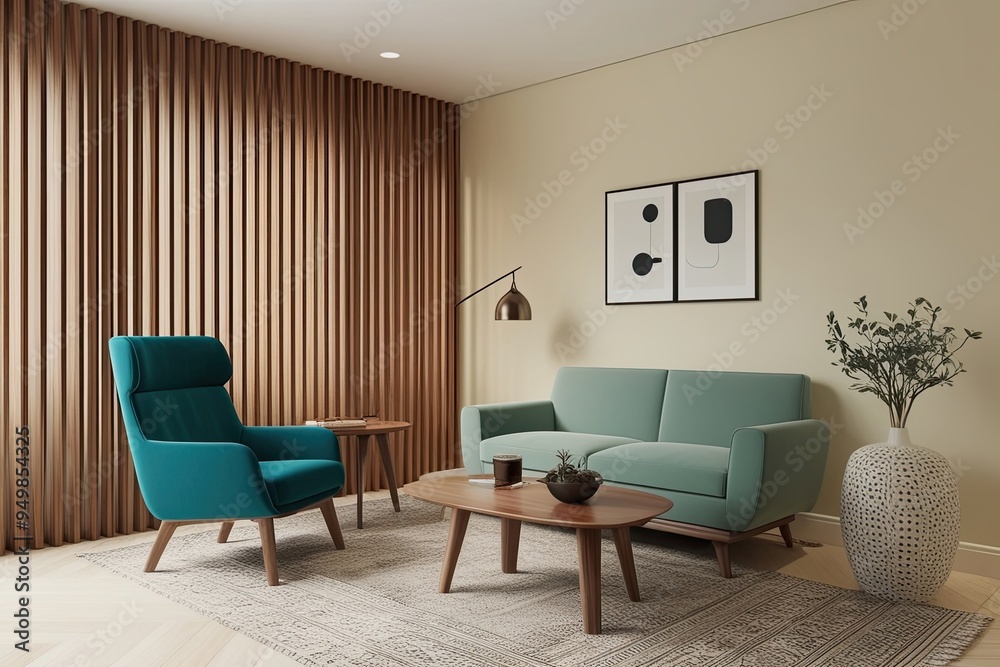 Elegant Wooden Lounge Space Featuring Teal Armchair on Soft Cream Wall - Minimalist Interior Design 3D Visualization Elegant Wooden Lounge Space Featuring Teal Armchair on Soft Cream Wall - Minimalist Interior Design 3D Visualization