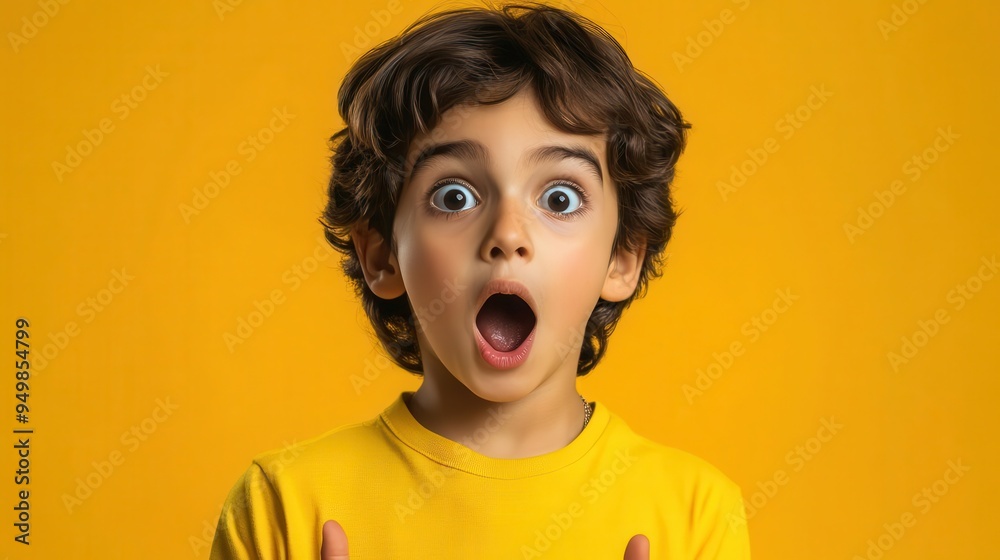 Young boy with surprised expression, wide eyes, open mouth, yellow background. Young boy with surprised expression, wide eyes, open mouth, yellow background.