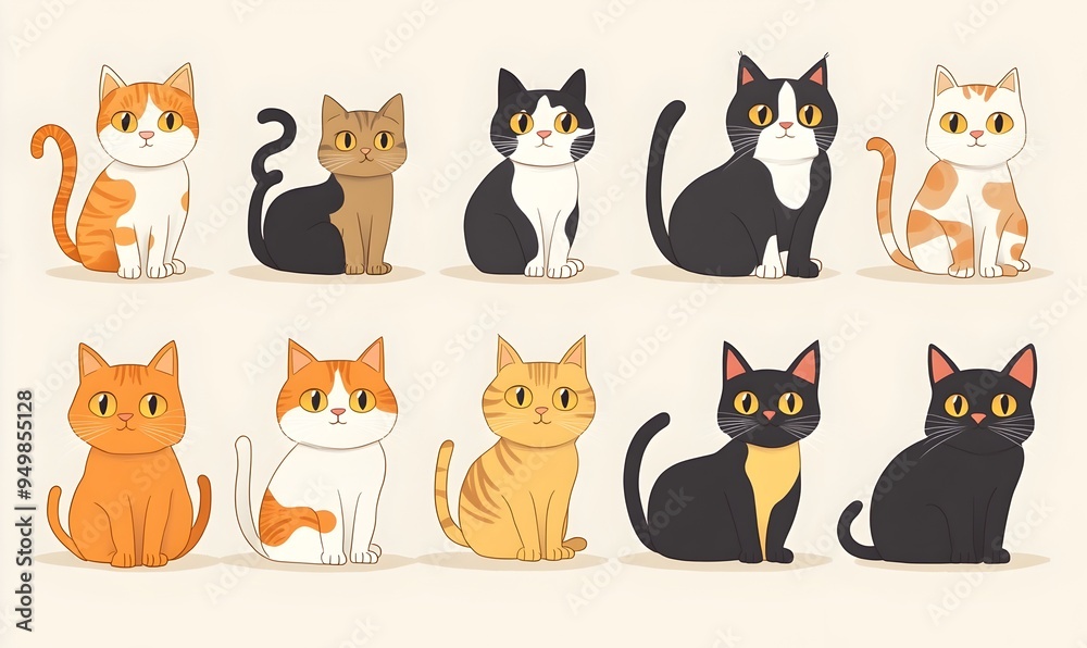 Fototapeta premium Charming Cartoon Style Feline Portraits in Mellow Pastel Tones