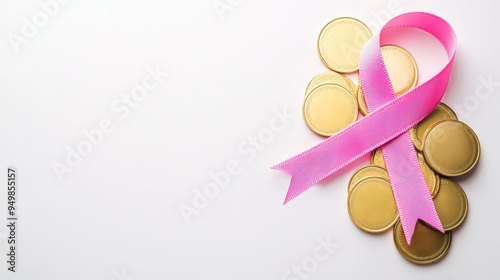 A pink ribbon lies atop golden coins symbolizing hope and support for breast cancer awareness and fundraising efforts. photo