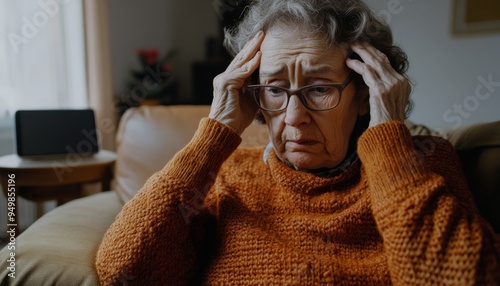 Stressed Elderly Woman Struggling with Smartphone: Depressed Senior Citizen Facing Digital Challenges on Sofa. Emotional Portrait of Technology Frustration and Age-related Difficulties in Modern Commu