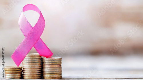 A pink ribbon symbolizes breast cancer awareness, placed on stacks of coins, representing hope and financial support.