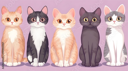 Various Cartoon Style Cats with Calming Pastel Pink and Lavender Colors