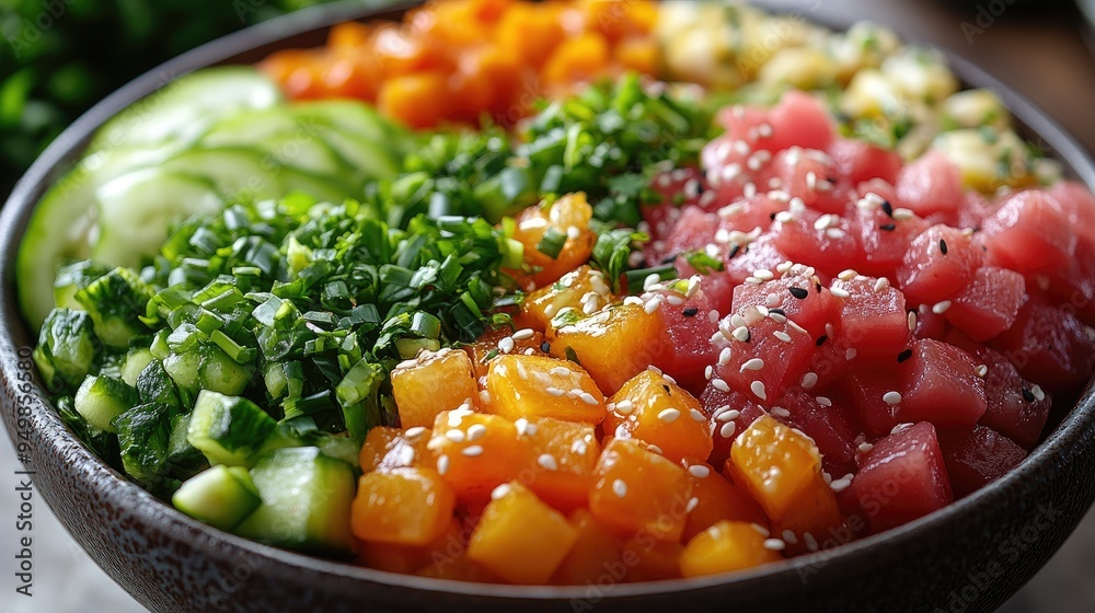 A vibrant poke bowl with assorted toppings on a white background A vibrant poke bowl with assorted toppings on a white background