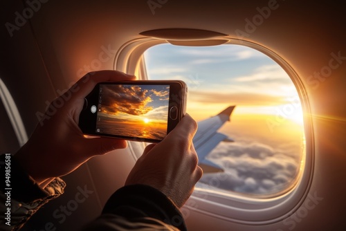 Through the window of her airplane, a woman immortalizes the sunrise photo