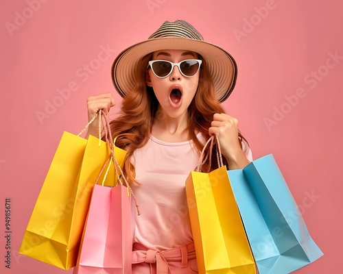 Girl in sunglasses and hat, holding shopping bags, surprised, isolated on pink backdrop, stylish and fun.