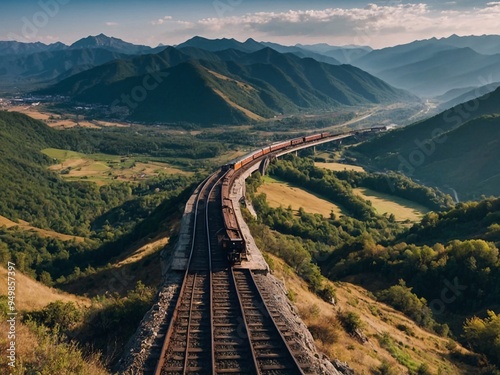 A panoramic view from a mountain top with a railway stretching into the distance among stunning mountain scenery.