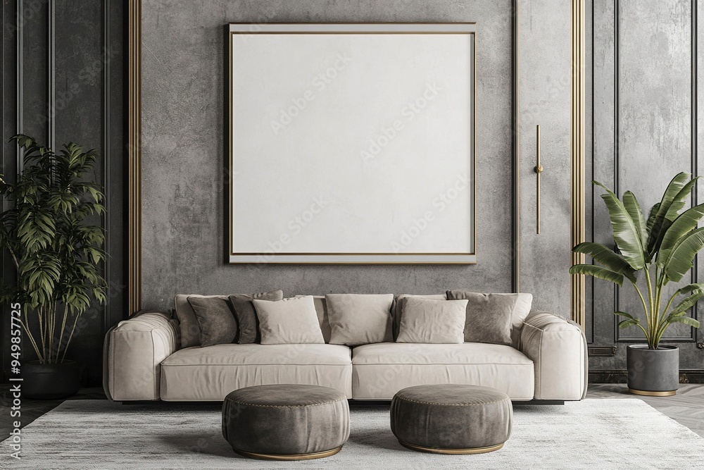 Mockup poster frame on the wall of living room. Luxurious apartment background with contemporary design. Modern interior design. 3D render, 3D illustration..generative ai Mockup poster frame on the wall of living room. Luxurious apartment background with contemporary design. Modern interior design. 3D render, 3D illustration..generative ai