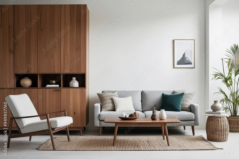 Minimalist Living Room Decor with Wooden Cabinet and Accessories for White Walls Minimalist Living Room Decor with Wooden Cabinet and Accessories for White Walls