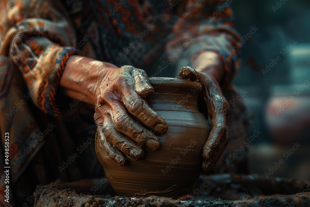 Generative AI photo craftsman shaping clay pot on spinning wheel in pottery studio surrounded by ceramic pieces Generative AI photo craftsman shaping clay pot on spinning wheel in pottery studio surrounded by ceramic pieces