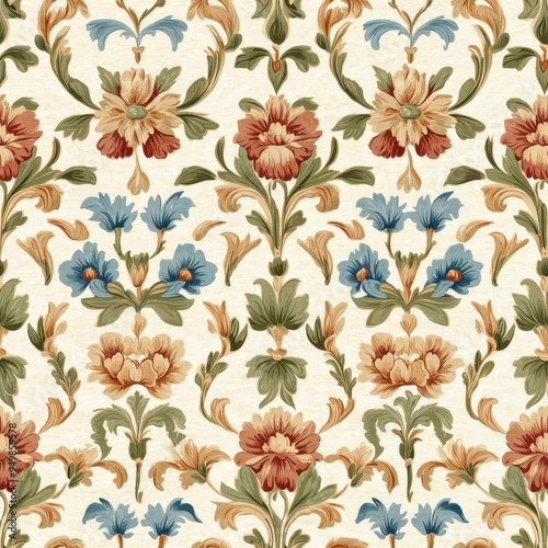 Wallpaper Mural Vintage tapestry renaissance floral pattern on vintage beige fabric background, seamless repeating pattern, textile print style, minimal, tapestry design, seamless renaissance floral pattern Torontodigital.ca