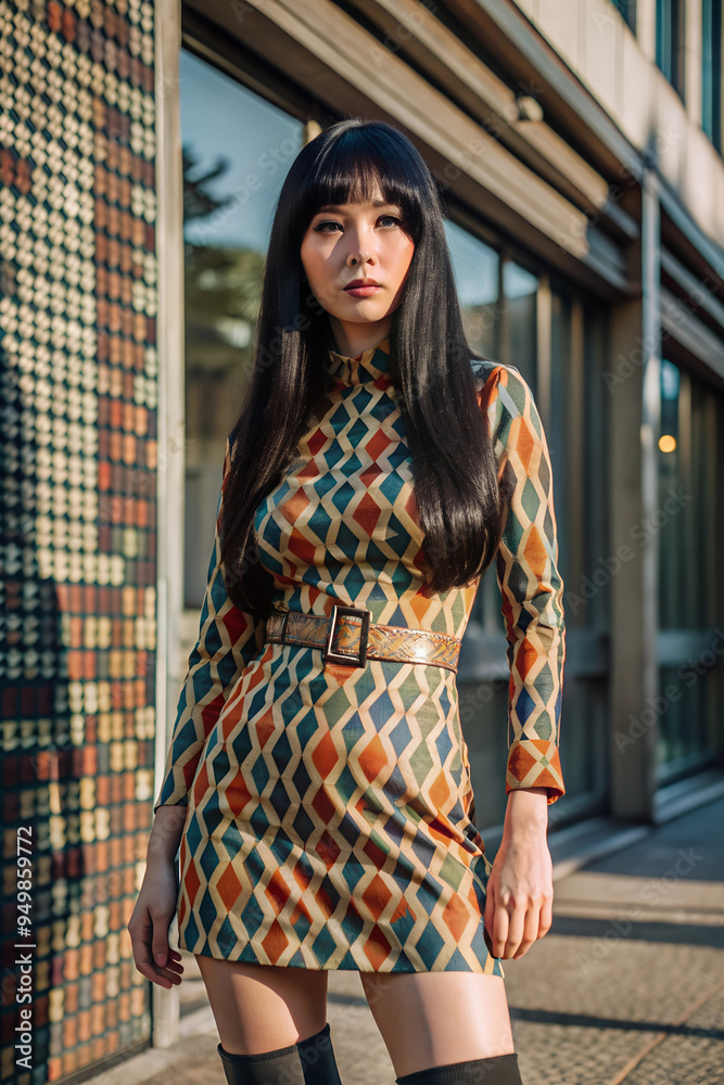 Asian woman, She wears RMod (modernist) fashion emerged in the 1960s in London Asian woman, She wears RMod (modernist) fashion emerged in the 1960s in London