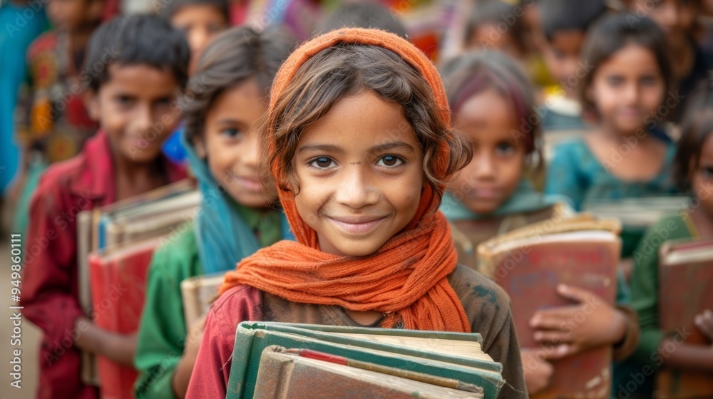 Group of Indian children happily holding colorful books in rural village, showcasing communal learning spirit. Bright visuals with smiling faces. Group of Indian children happily holding colorful books in rural village, showcasing communal learning spirit. Bright visuals with smiling faces.