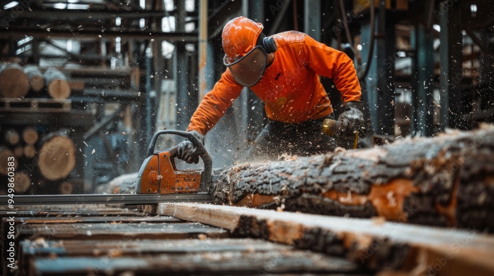 Worker in safety gear uses electric chainsaw in sawmill, cutting wood amidst sawdust. Busy environment shows ongoing processing activity. Worker in safety gear uses electric chainsaw in sawmill, cutting wood amidst sawdust. Busy environment shows ongoing processing activity.