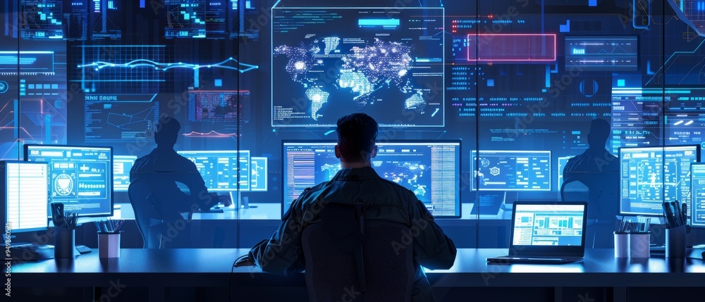 An intense office with dark blue tones resembles a cybersecurity command center. Three people work collaboratively with computer screens and a world map in the backdrop. An intense office with dark blue tones resembles a cybersecurity command center. Three people work collaboratively with computer screens and a world map in the backdrop.
