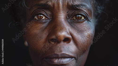 An elderly woman with tear-filled brown eyes, dark skin, and deep wrinkles conveys sorrow and resilience against a black backdrop, symbolizing life's struggles and hardships.