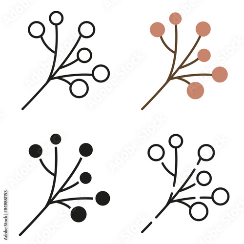 Autumn icons. Viburnum branch in different styles. Autumn in colours and lines.