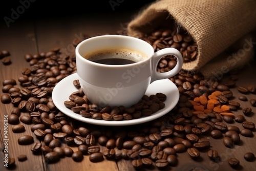 Close-up of a Coffee Cup with Beans on a Wooden Surface