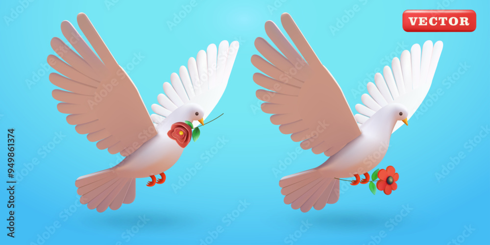 Fototapeta premium Pigeon flying carrying flowers, 3d vector. Suitable for events and design elements