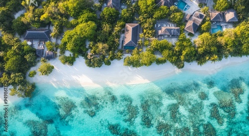 This is a panoramic aerial view of a boat sailing along the coast of Fari Island, the Maldives. photo