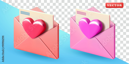 Mail envelope with heart symbol, 3d vector. Suitable for events and design elements