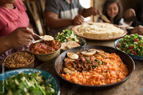 Family Giving Thanks: A diverse family holding hands around the dinner table, heads bowed in prayer or expressing gratitude before the meal. The table is laden with traditional Thanksgiving foods, and