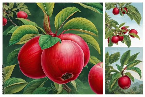 Isolated Botanical Illustration of Rare Tropical Malay Rose Apple with Vibrant Red Color photo