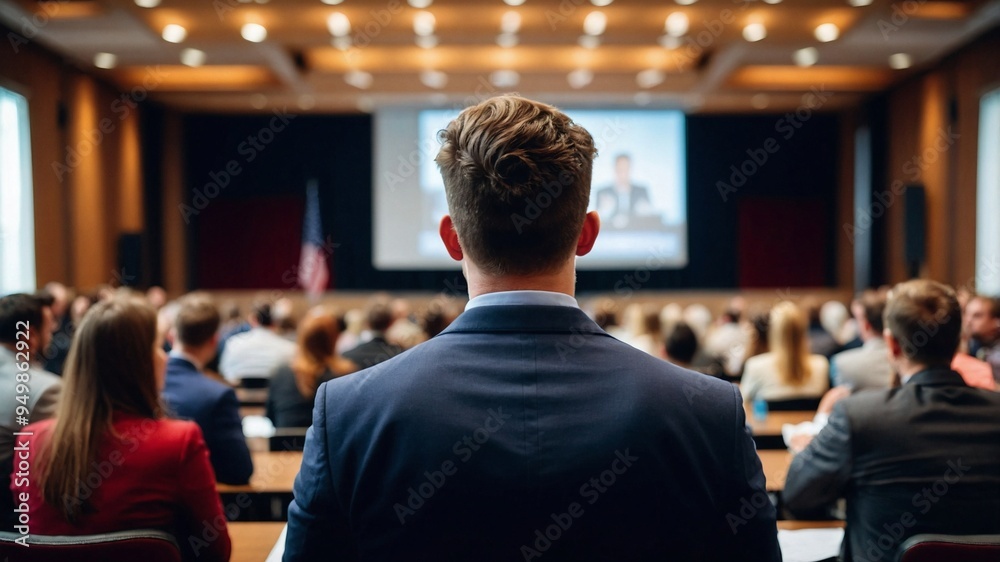ビジネスシンポジウムで講演する講演者と認識されていない聴衆の後ろ姿を捉えた一枚 ビジネスシンポジウムで講演する講演者と認識されていない聴衆の後ろ姿を捉えた一枚