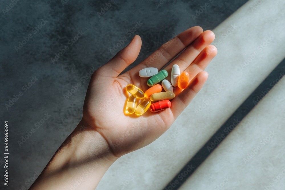 Hand holding variety of colorful pills supplements Hand holding variety of colorful pills supplements
