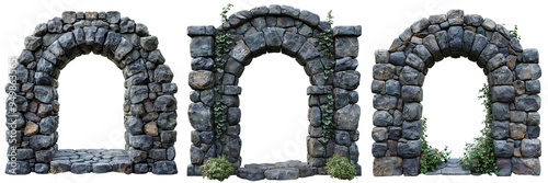 Stone archway with vines and small plants isolated on transparent background, generative ai photo