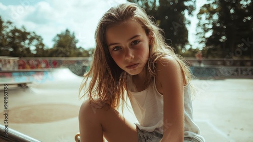 photo of a young skater girl at a park, summer photo