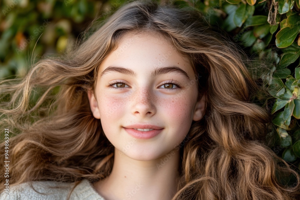 Radiant young girl with wavy hair freckles smiling outdoors Radiant young girl with wavy hair freckles smiling outdoors