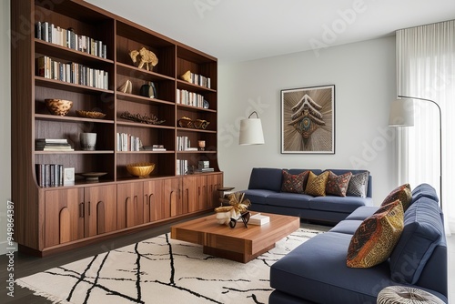 Modern Living Room with Stylish Wooden Bookshelf and Unique Decor Against Clean White Wall photo