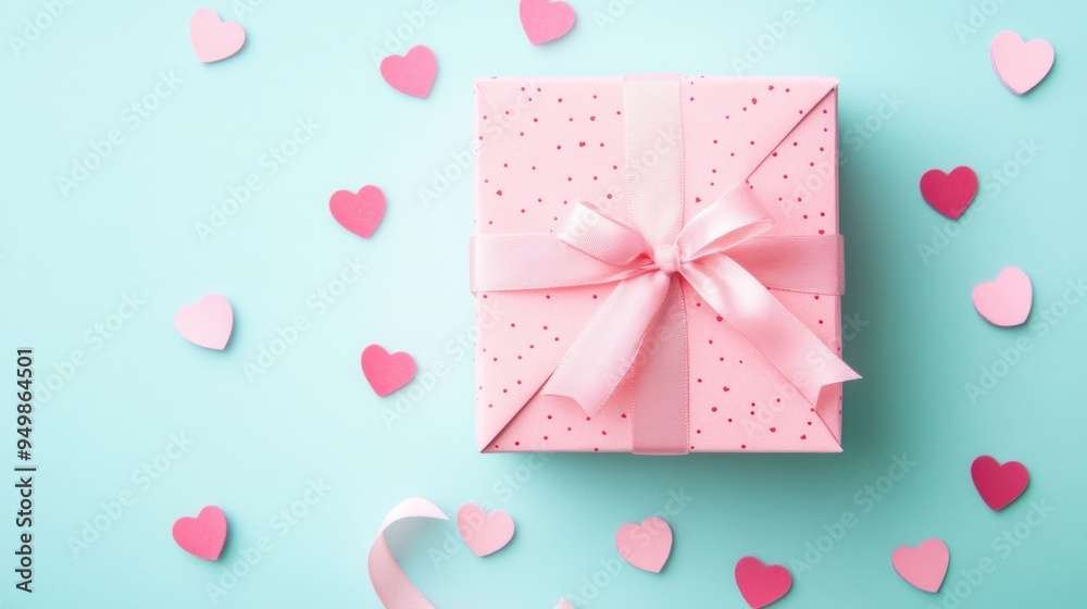 Pink gift box with bow heart confetti on blue background Pink gift box with bow heart confetti on blue background