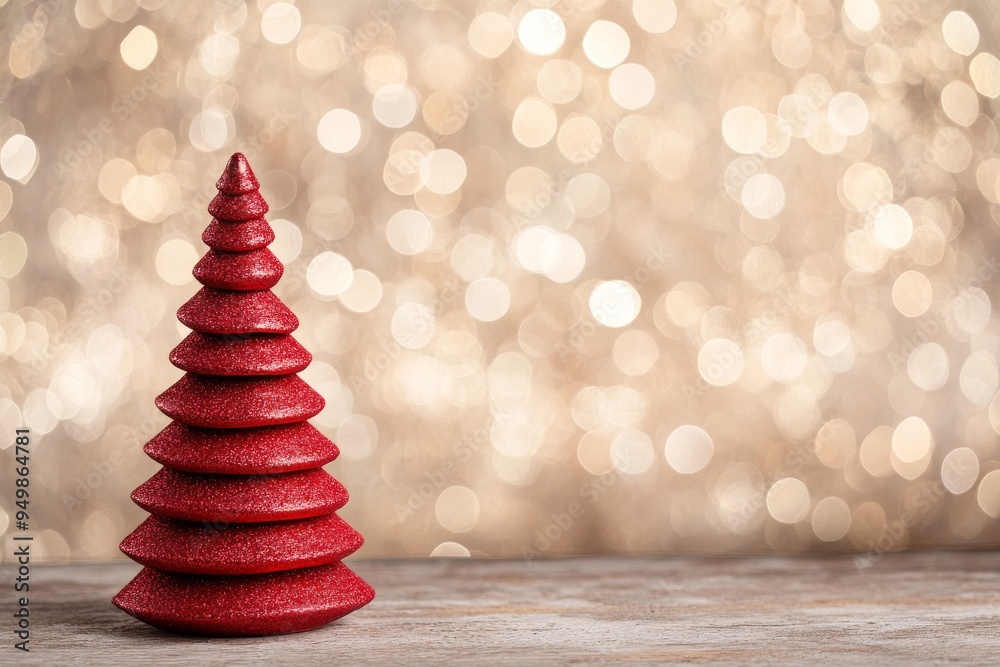 The image depicts a red Christmas tree decorated with a bright star placed on a table surrounded by glowing red lights