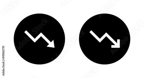 Downward zigzag arrow icon on black circle. Market crash sign symbol