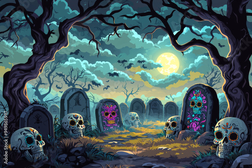 Sugar Skulls Resting in a Spooky Graveyard Underneath a Full Moon photo