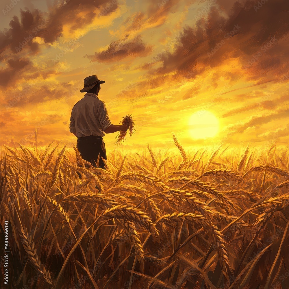 Fototapeta premium Farmer in a Wheat Field: A farmer standing in a golden wheat field, holding a handful of freshly harvested wheat stalks. The sun is setting in the background, casting a warm, golden glow over the scen