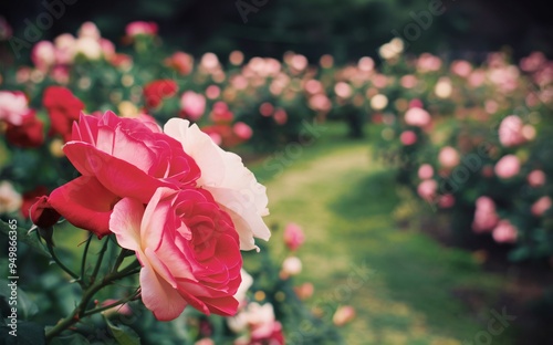 Soft Focus Blooming Rose Garden with Foreground Roses in Sharp Detail photo