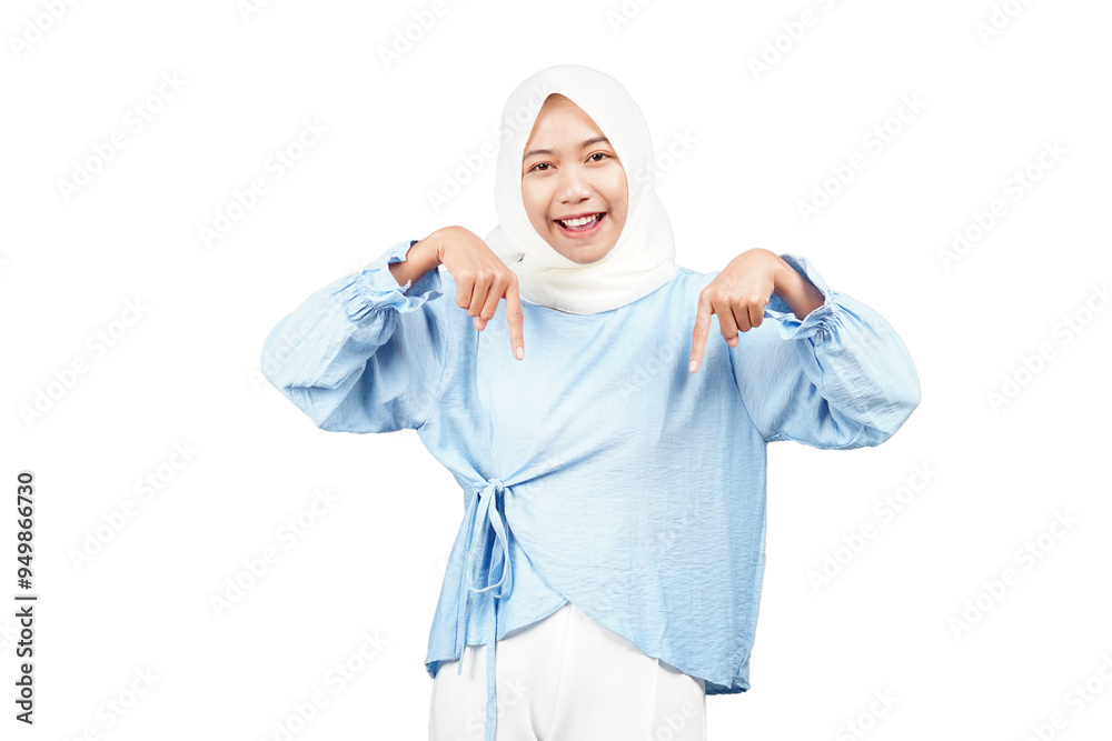 Smiling Hijab girl with Pointing finger isolated transparent