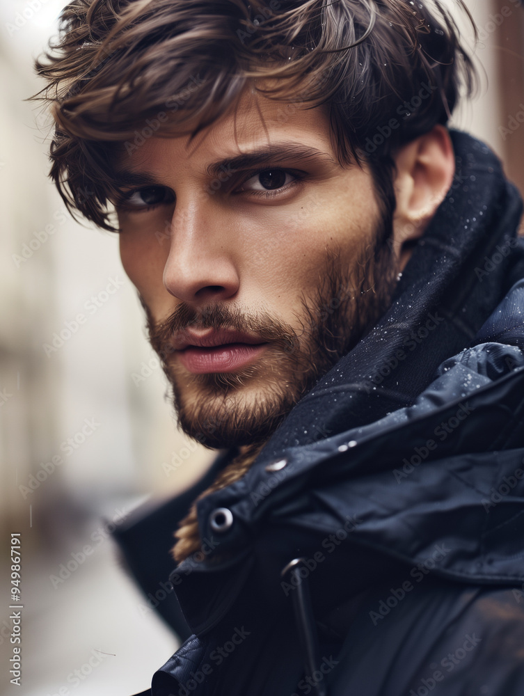 Fototapeta premium Close-up of a man with a rugged beard and intense gaze, wearing a dark jacket outdoors, capturing a brooding and confident look in a moody setting
