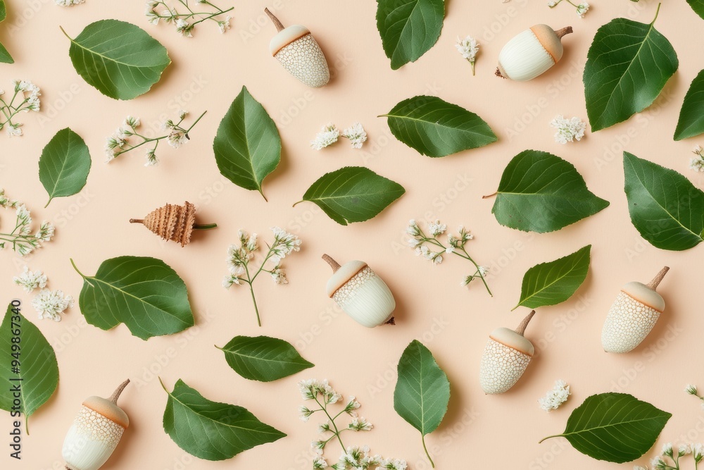 Cedar branches, acorns, and white leaves make up this rectangle Cedar branches, acorns, and white leaves make up this rectangle