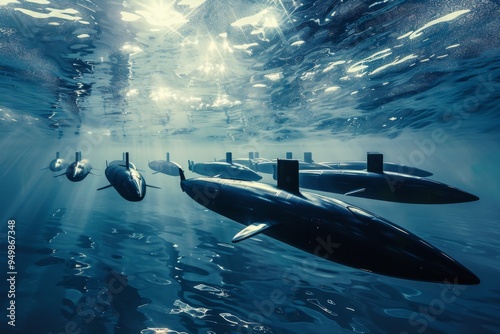 Several submarines are submerged in the ocean, illustrating their strategic positioning and advanced technology, A fleet of autonomous submarines patrolling the ocean depths, Ai generated photo