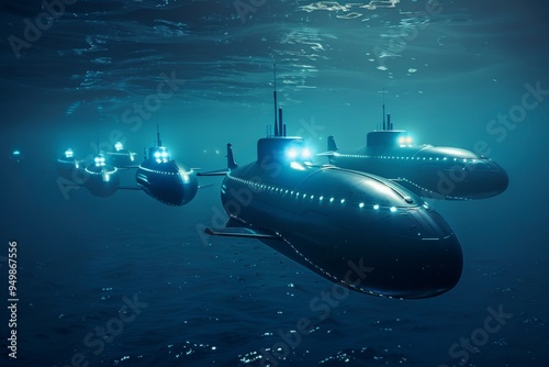 Several submarines are submerged in the ocean, illustrating their strategic positioning and advanced technology, A fleet of autonomous submarines patrolling the ocean depths, Ai generated photo