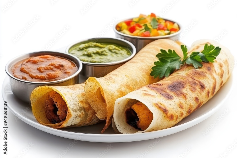 Indian dosas on a plate with different dips side and top view isolated on a white background Indian dosas on a plate with different dips side and top view isolated on a white background